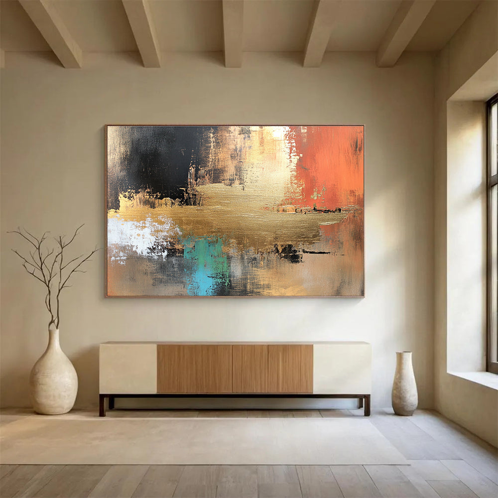 Large abstract canvas painting in golden copper and brown tones with vibrant blue green red black accents featuring white elements and light gold foil details.SC091