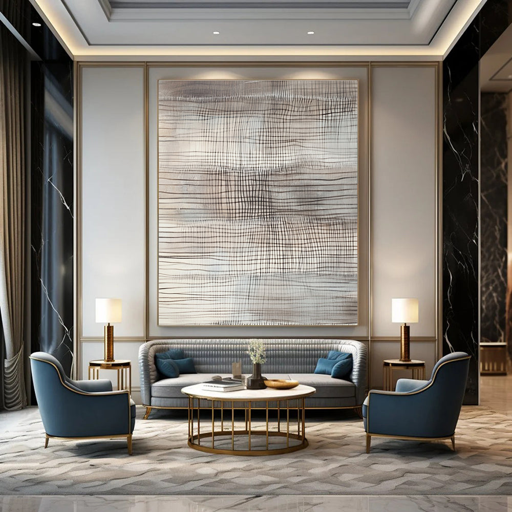 Large abstract painting with gray and white lines featuring textured patterns and horizontal stripes resembling undulating hills or mountains with dark contrasting shadows.STSC1439