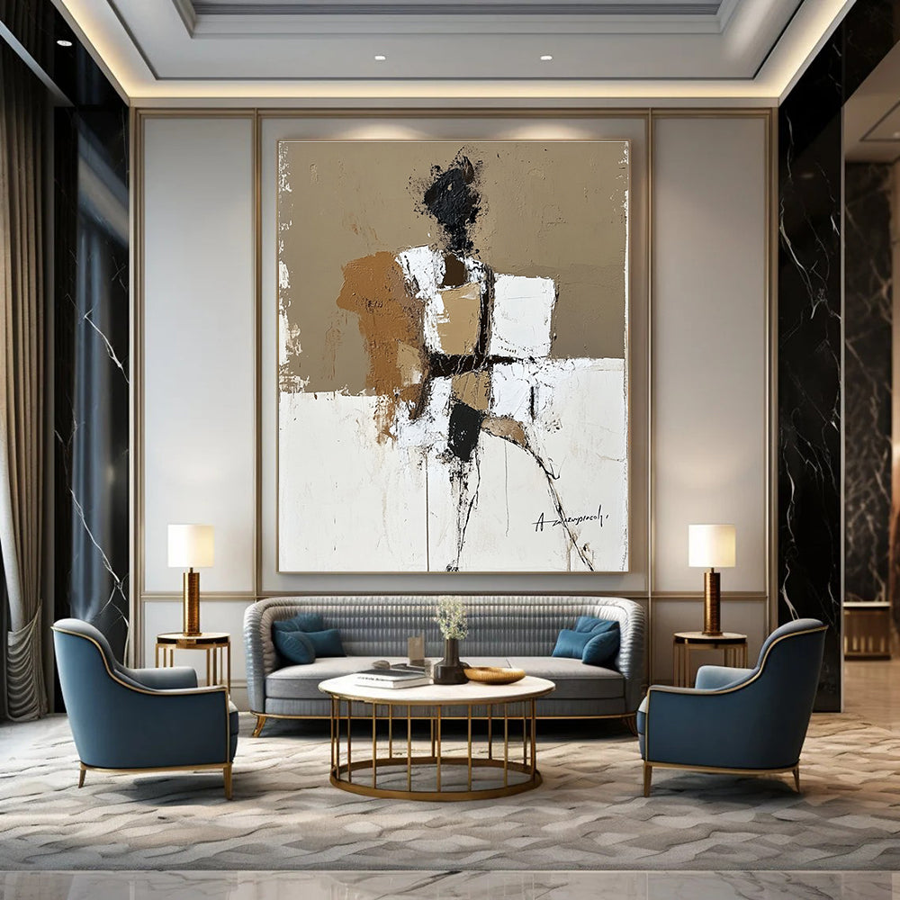 Large abstract painting in beige brown and white featuring humanistic forms with textured expressive brush strokes inspired by Anatoly Zaregorodtsev.STSC388
