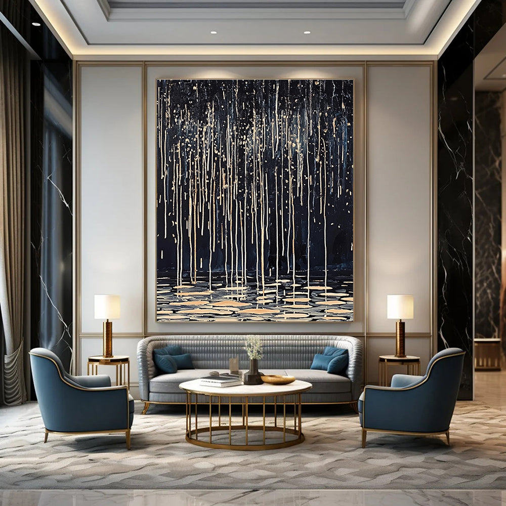 Abstract painting of dark rain with white and beige lines drips on water ripples using oil on canvas showcasing delicate textures and high-definition details.STSC1124