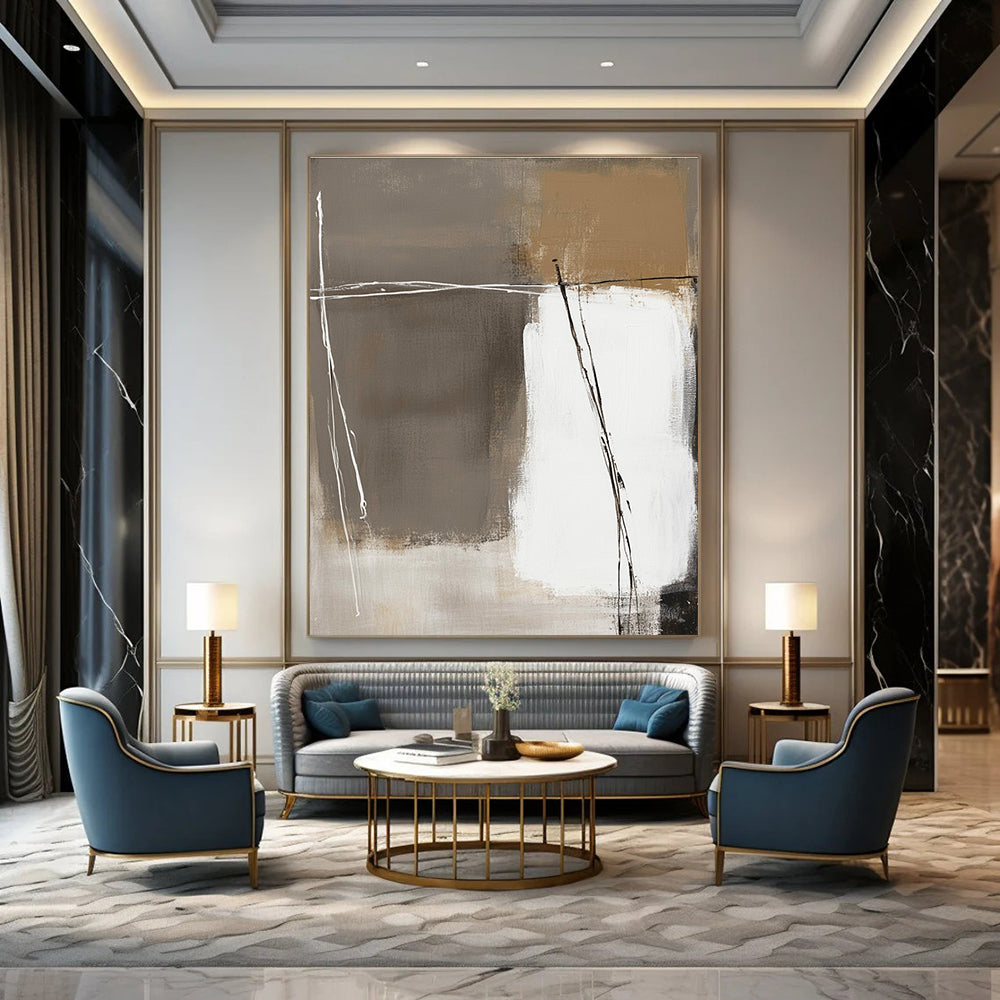 Large abstract painting in white and beige with brown accents on a dark gray background featuring thick brush strokes and hand-drawn lines.STSC564