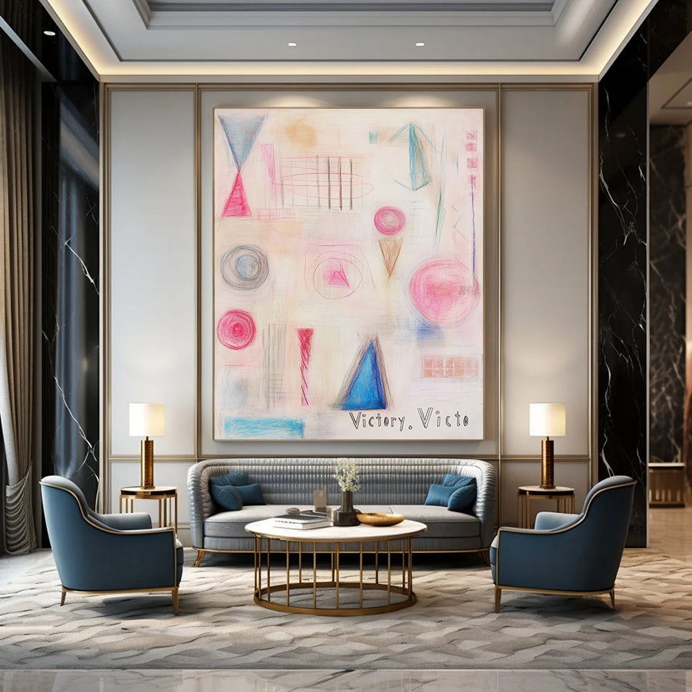 Large abstract painting featuring geometric and organic shapes in pink and blue with a soft texture and delicate color palette.STSC1205