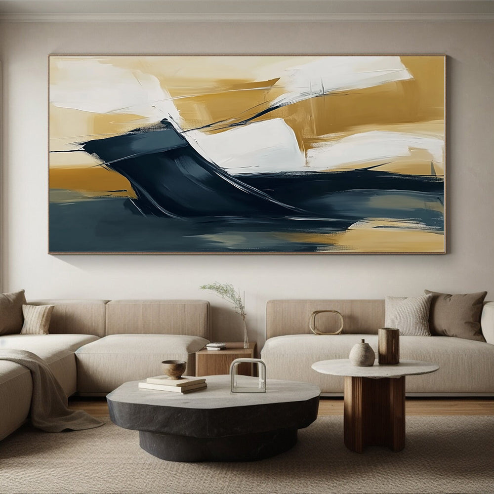 Gold White Black Abstract Painting with Dynamic Interactions GER805