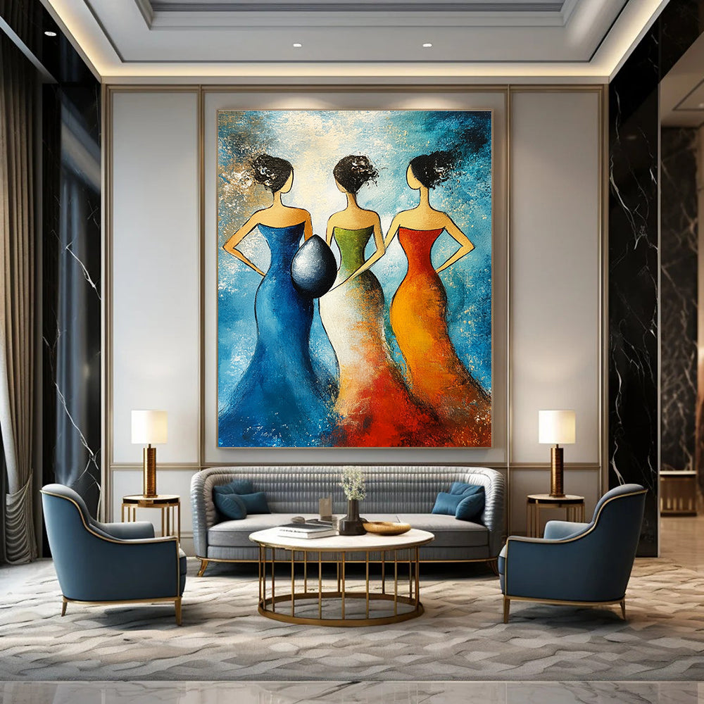 Abstract painting featuring three women in evening dresses holding a giant egg against a blue background with simple lines and minimal colors.STSC1444