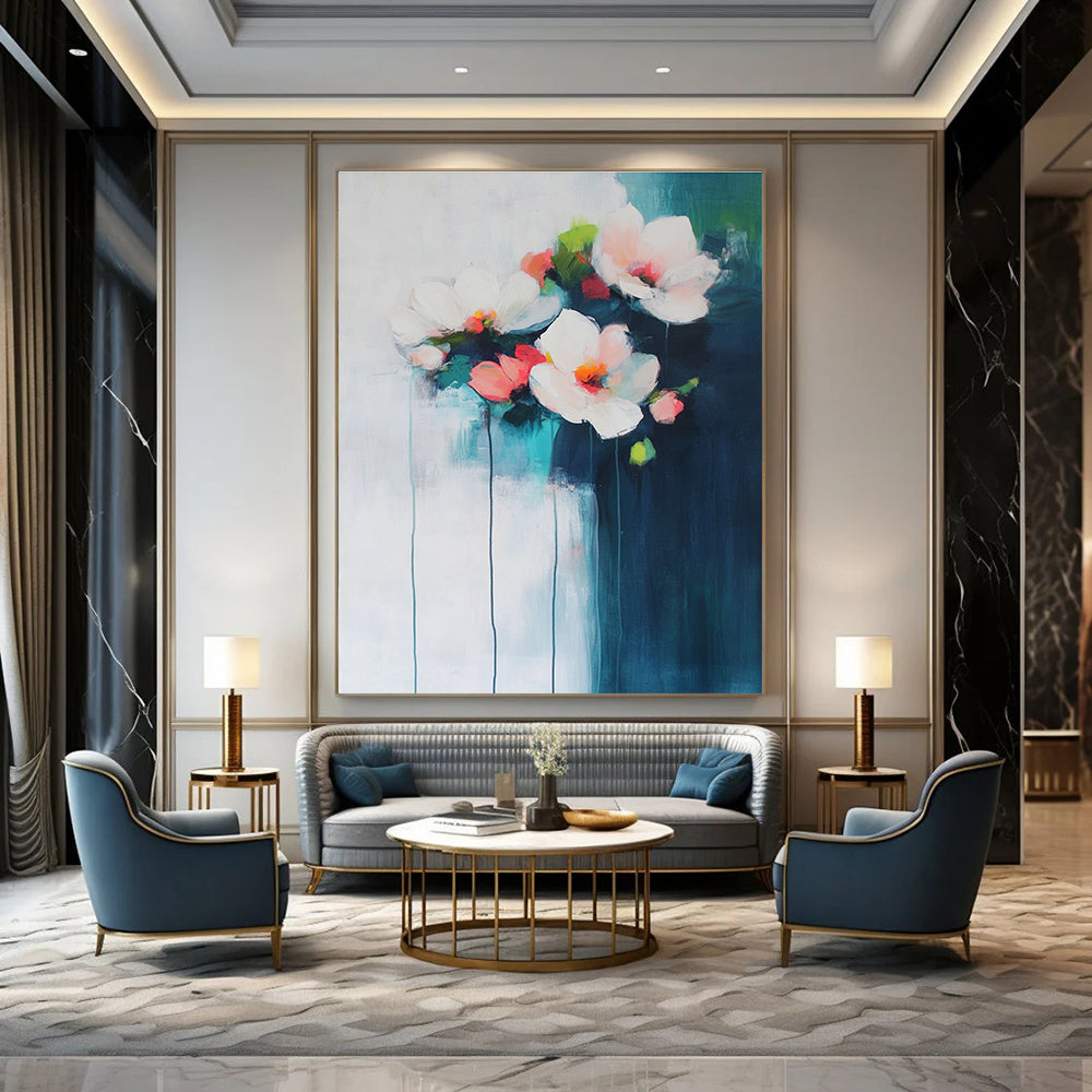 Large abstract painting of flowers in light blue and pink on a white background with dark teal brushstrokes creating an atmospheric effect.STSC679