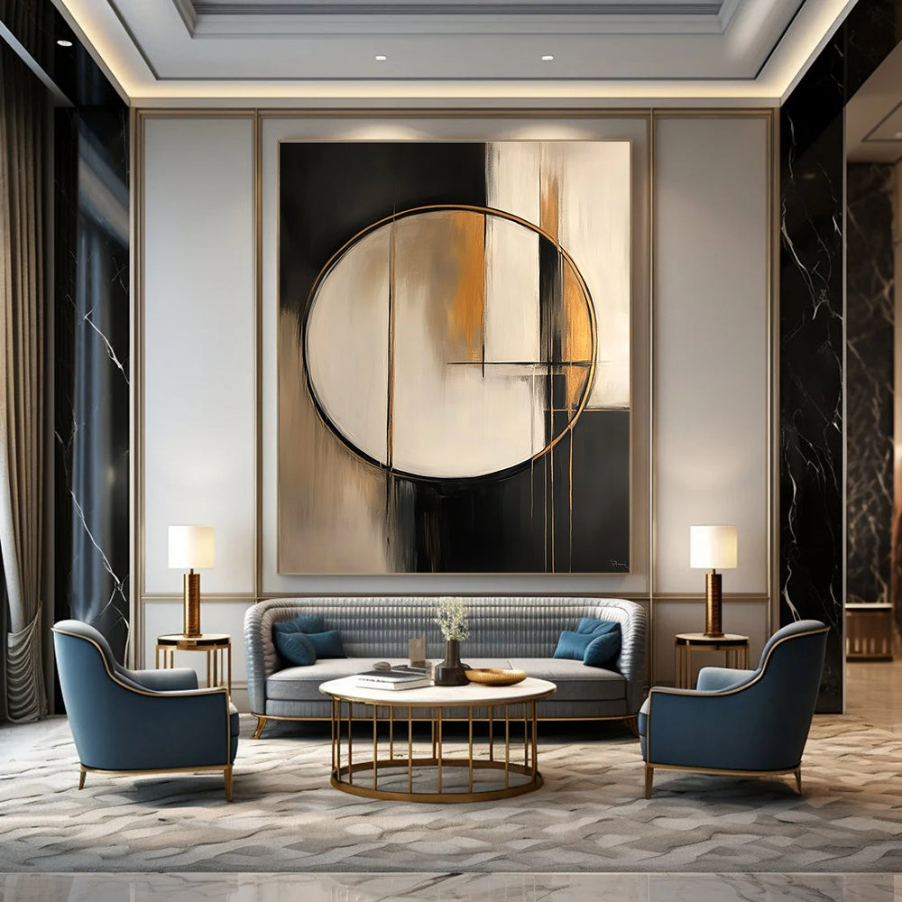Large abstract painting featuring a white circle with gold lines set against an abstract geometric background in soft black grey and beige tones.STSC209