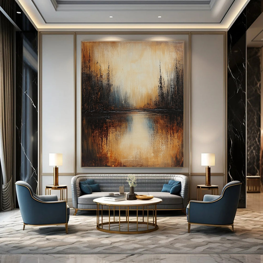 Large abstract painting of a lake with dark beige trees in brown and grey tones under low lighting creating a serene atmosphere.STSC168