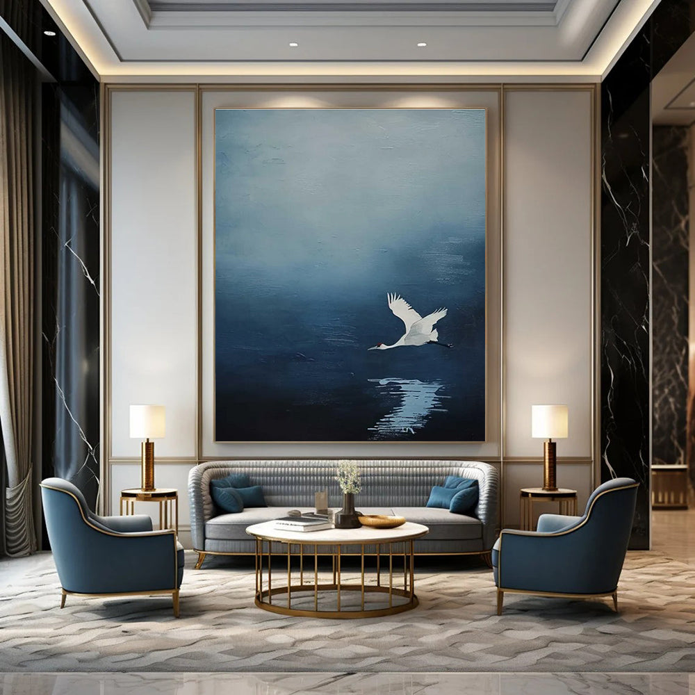 White Crane in Blue Sky Abstract Painting with Reflection ADGE510