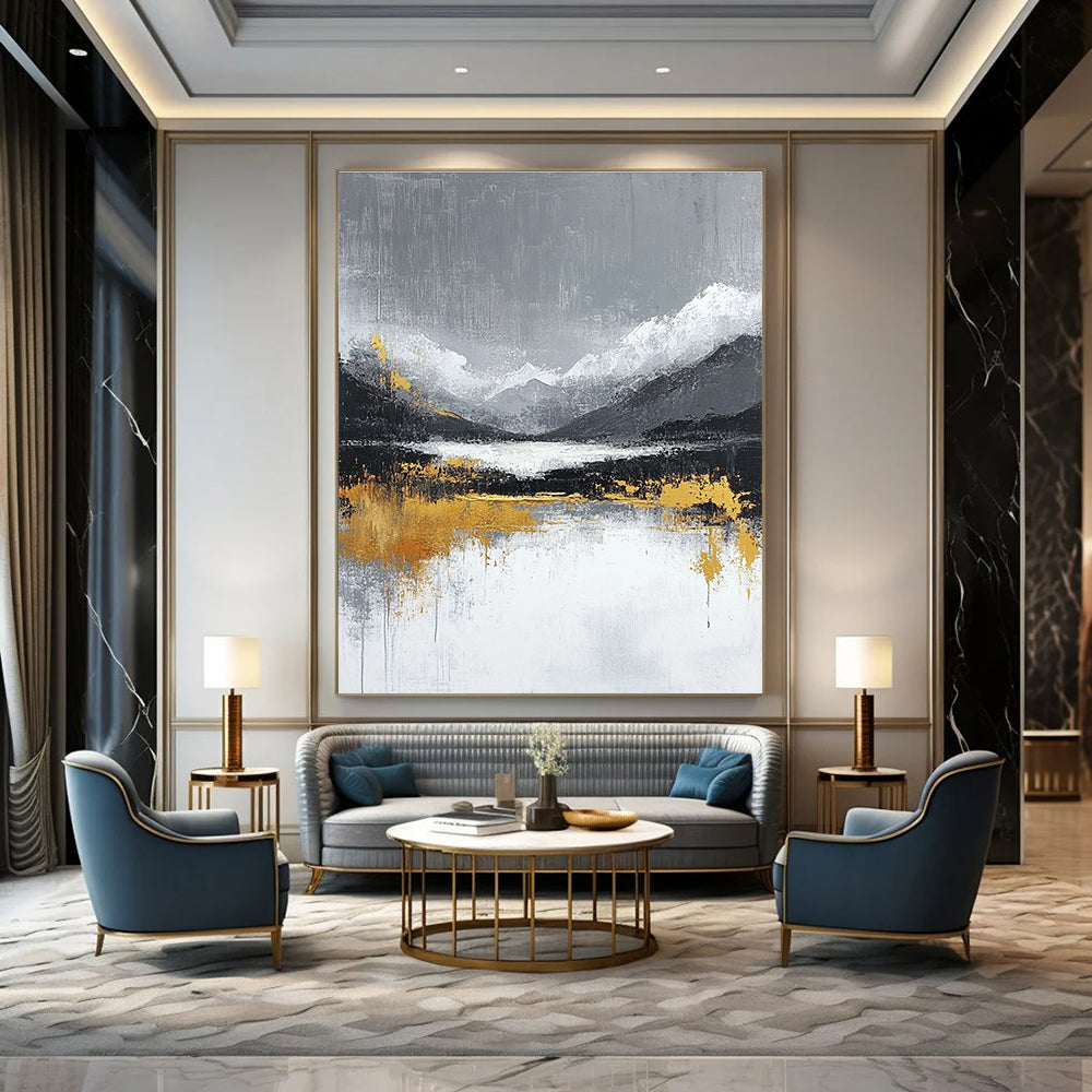 Large abstract painting featuring gray and white background with gold lines evoking tranquility and luxury in a minimalist Chinese landscape style.STSC224