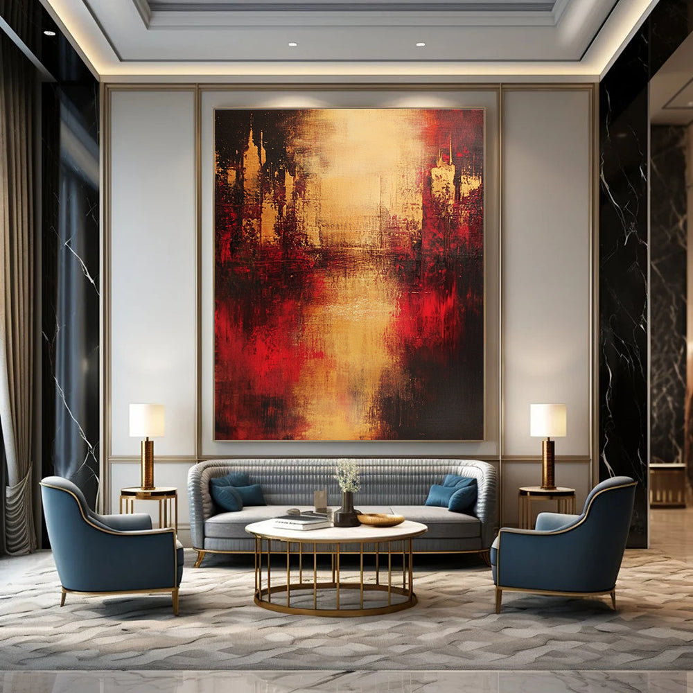 Large abstract painting in red and gold on a dark background with blurred buildings smoke rising and emotional expression of life's pain.STSC444