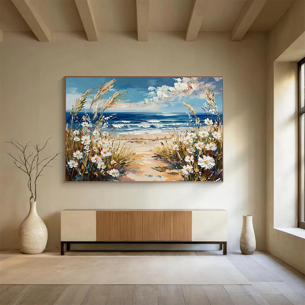 Large abstract painting of the sea with wildflower-covered beach and daisies under a blue sky capturing nature's beauty.SC420