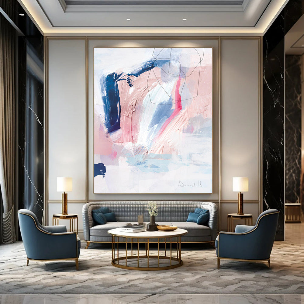 Pastel Abstract with Pink, Blue, and Black Lines Painting ADGE155