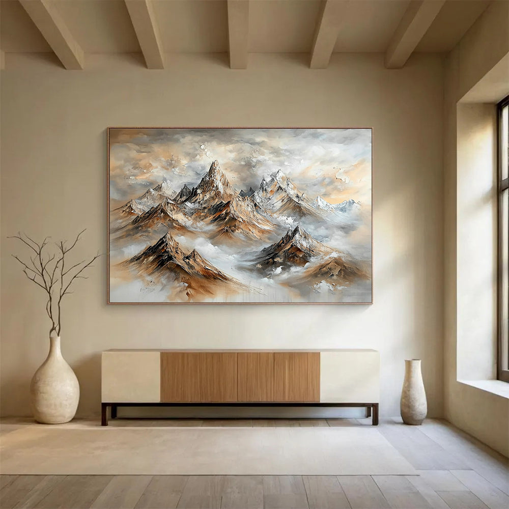A large abstract painting featuring majestic mountains in brown and gray with swirling clouds and snow-capped peaks, creating a stunning impressionistic effect.SC486