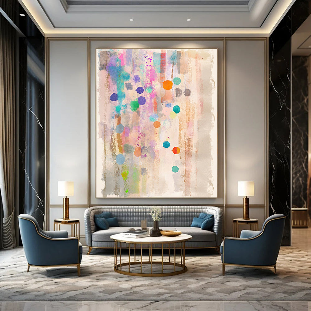 A dreamy watercolor abstract painting with pastel colors dots and stripes on light beige paper featuring a clean white border.STSC988