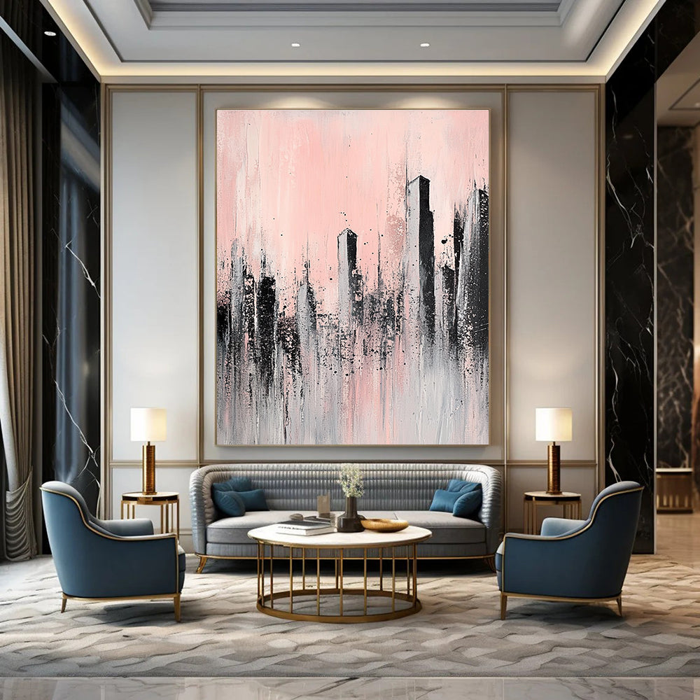 Large abstract painting of skyscrapers in pale pink and grey featuring unique textures that evoke a sense of urban elegance and tranquility.STSC332