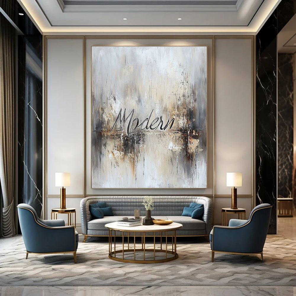 Large abstract painting featuring the word Modern in cursive with muted neutrals and metallic accents for a sophisticated contemporary vibe.STSC816