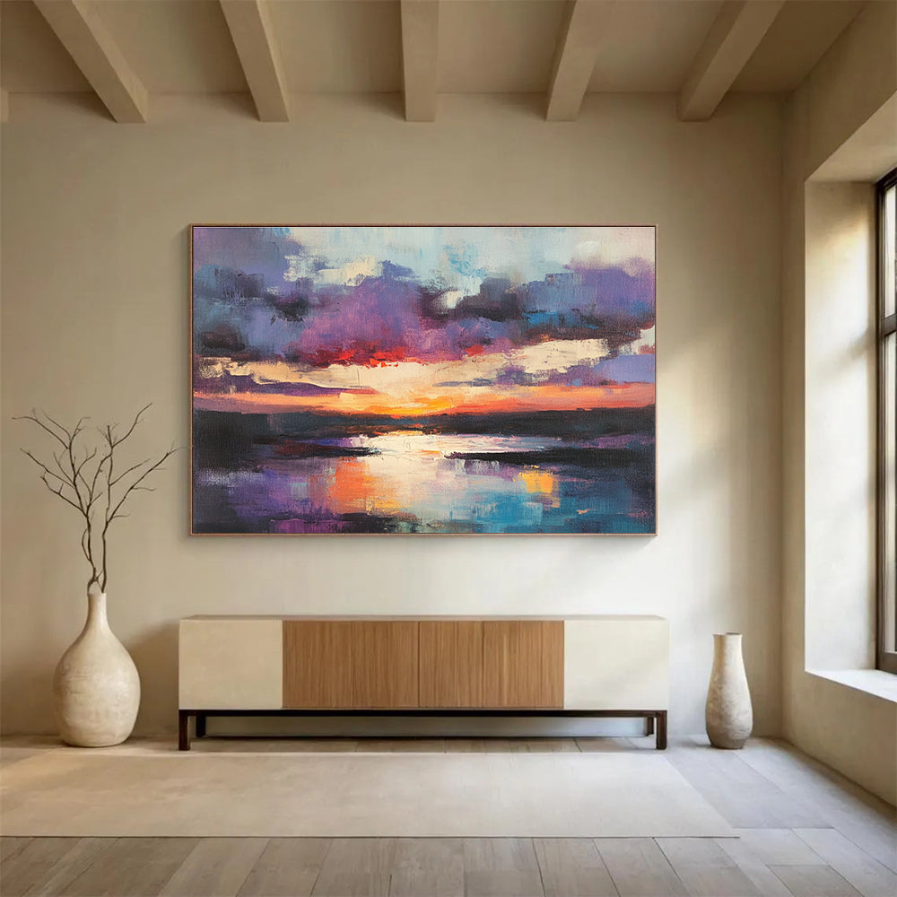 Purple and Orange Sunset Lake Abstract Seascape Painting DYP293