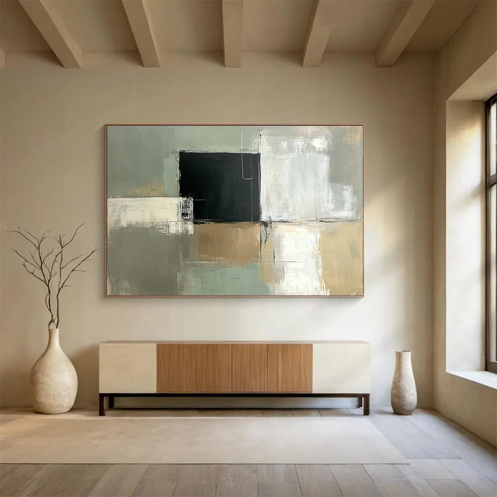 Large abstract painting featuring a pale green and white color scheme with a central black square and simple lines on a grey background.SC210
