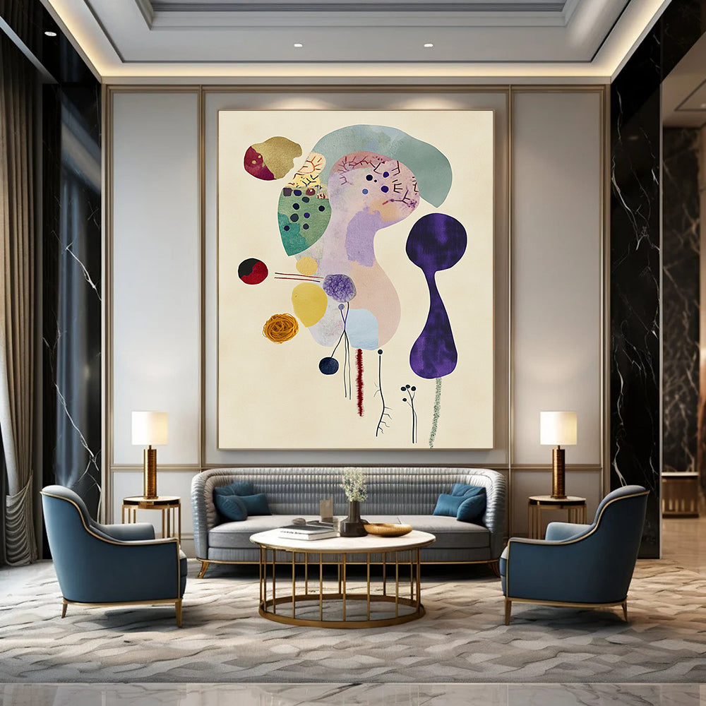 Large abstract fabric figure surrounded by soft pastels doodles wool yarns and watercolor washes on textured paper minimalist style in Matisse inspiration.STSC1351