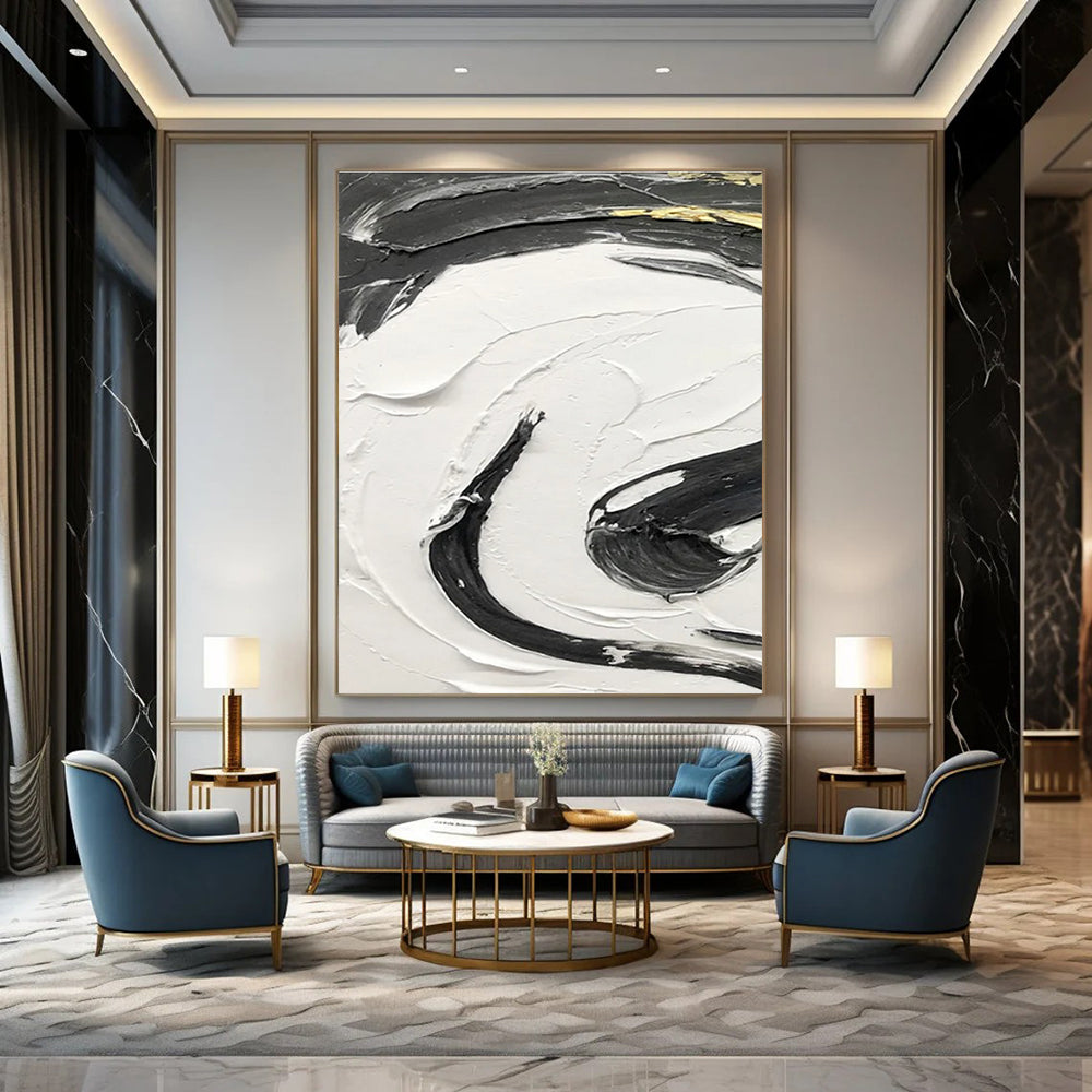 Gold - Accented Black and White Swirl Abstract Painting ADGE378