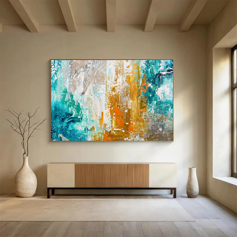 Teal Gold Orange Abstract Painting with Vibrant, Energetic Combinations THY382