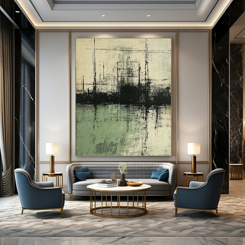 Large abstract painting featuring neutral tones of green and gray with water elements inspired by multiple renowned artists.STSC139