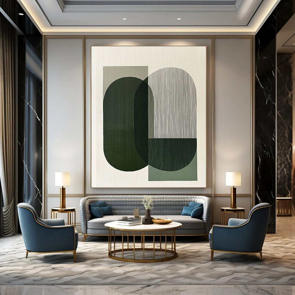 A large abstract painting features overlapping green and gray shapes evoking calmness and balance through minimalist design and clean lines.STSC1178