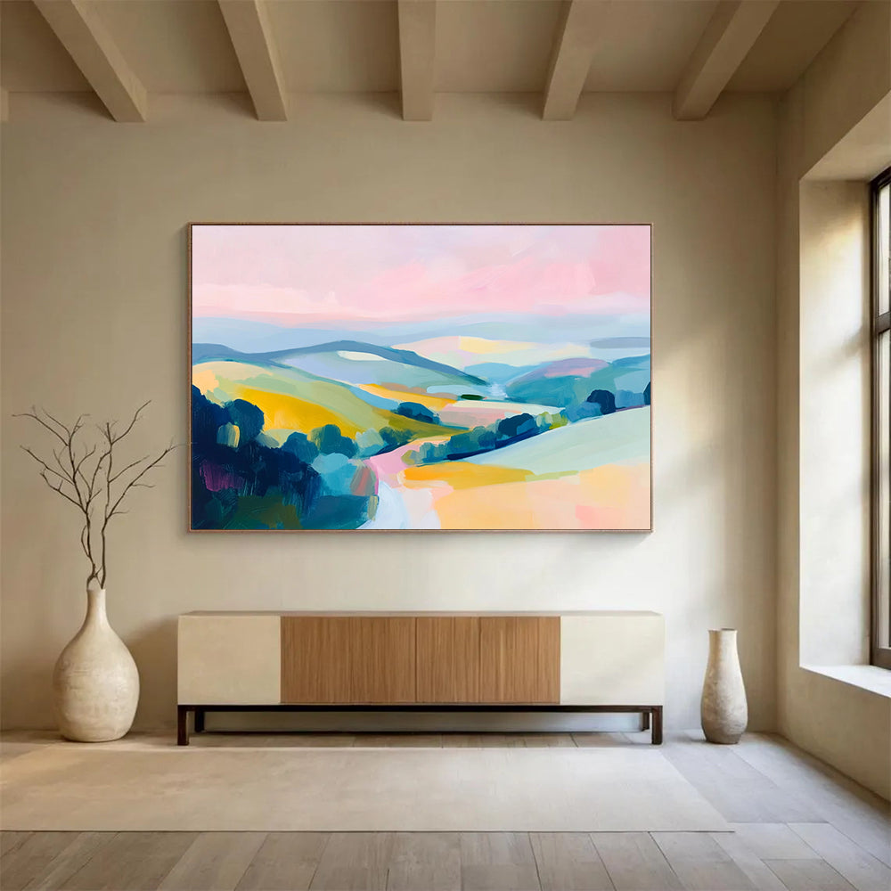 Colorful Abstract Hills Painting with Pink Blue and Yellow DYP288