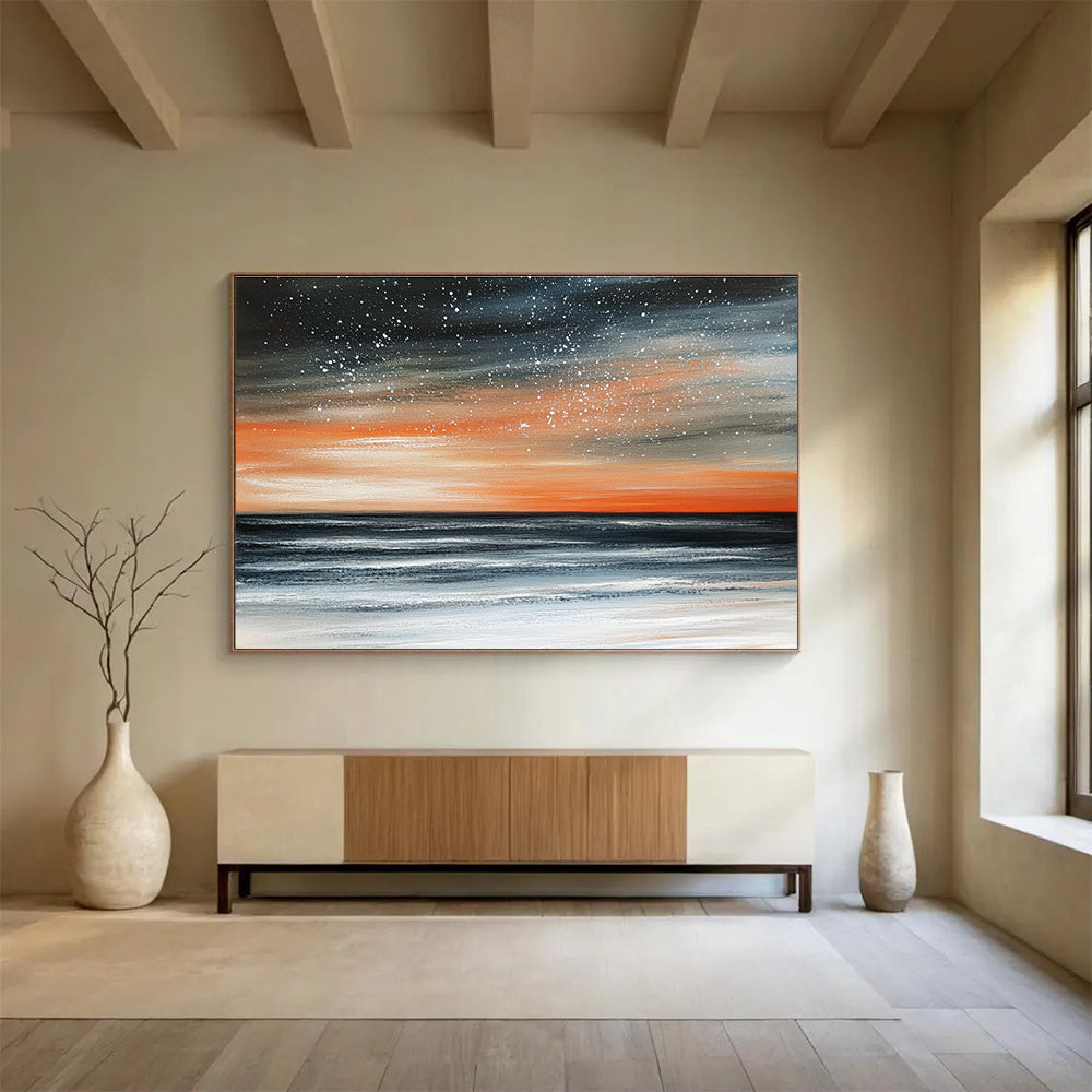 Starry Sea Sunset Abstract Painting with Orange Black and White DYP289