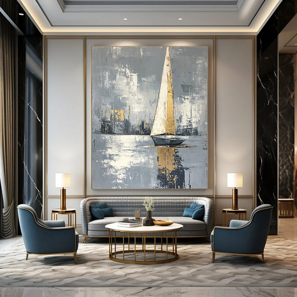 Abstract painting featuring a serene sailing boat with gray background and white gold accents created using soft light and impressionist brush strokes.STSC1420
