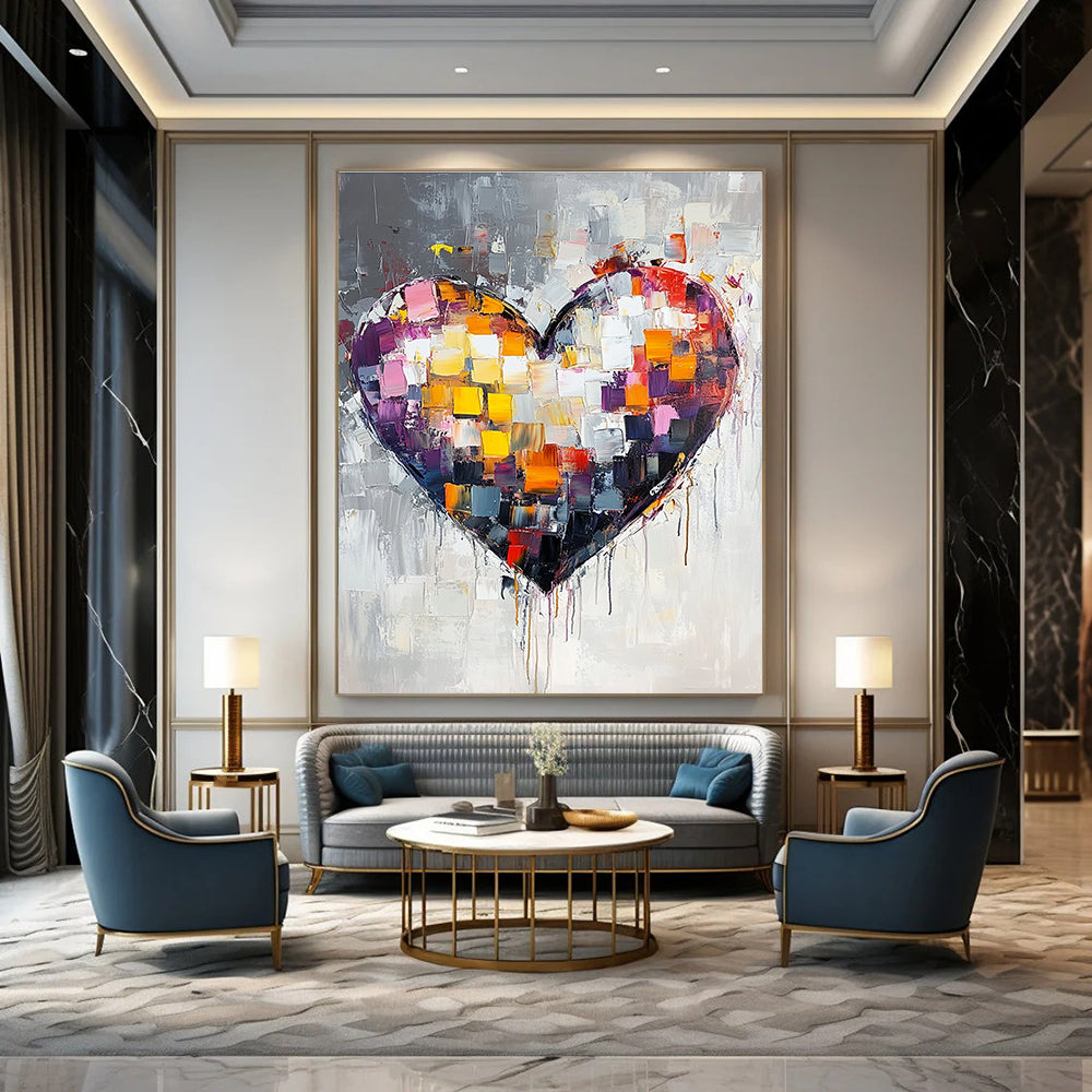 Large abstract heart painting with vibrant colors and thick brush strokes on a white background featuring paint drips and a predominantly gray palette.STSC071