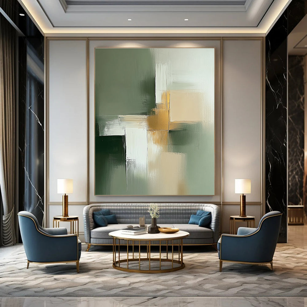 Abstract minimalist painting in sage green and beige with white featuring thick brush strokes and golden details for elegance.STSC566