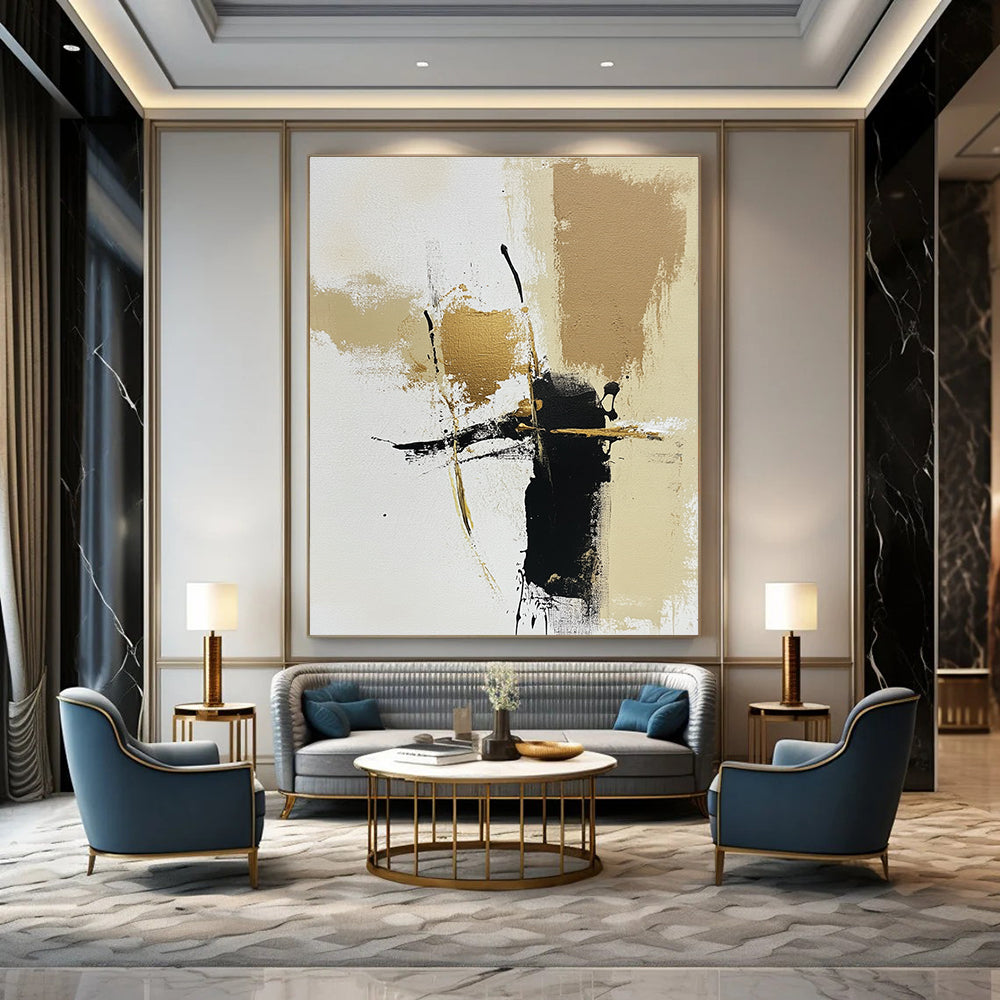 Large abstract painting featuring neutral tones with gold accents on a beige and white background highlighted by brown and black lines and brush strokes.STSC776