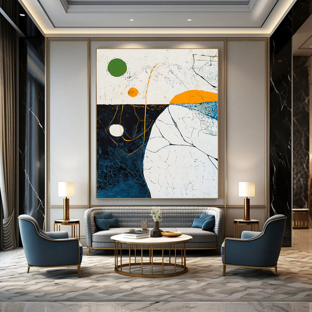 Large abstract painting depicting an aerial ocean view with a green circle and yellow lines featuring thick brush strokes and vibrant colors.STSC255