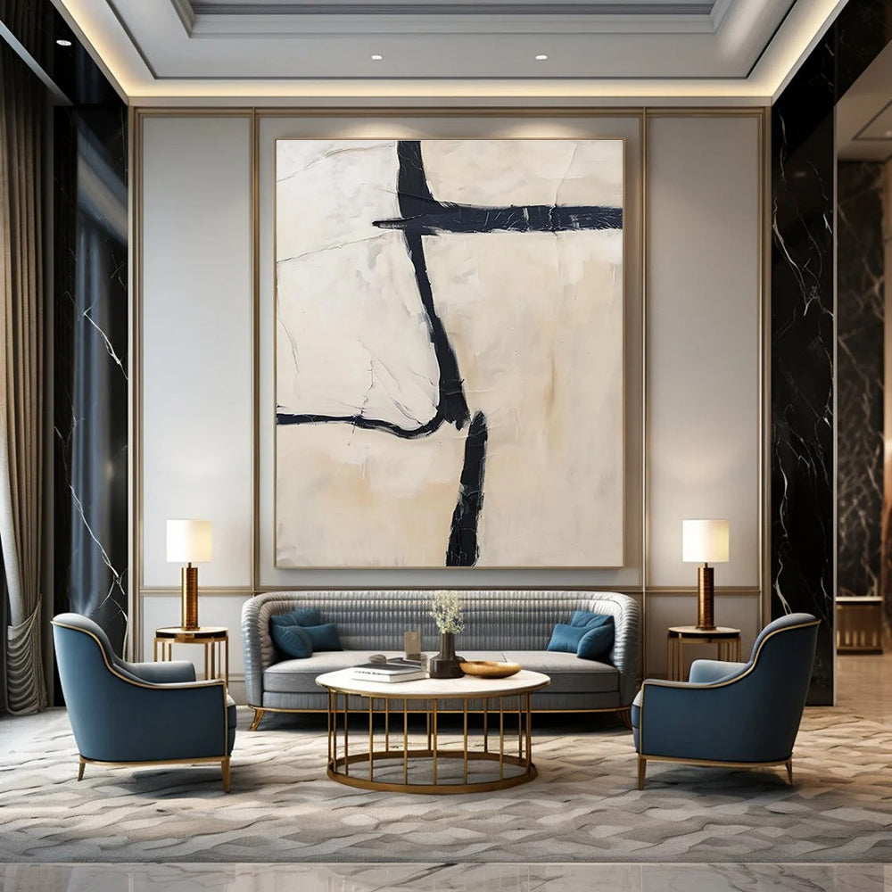 Minimalist Black - White Abstract Painting with Bold Lines ADGE452