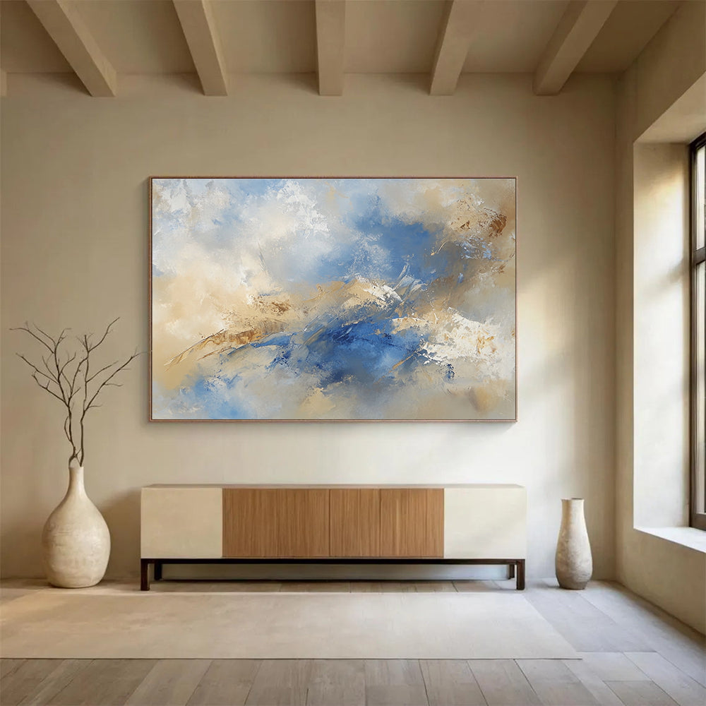 Blue and Beige Abstract Painting with Soft Brushstrokes DYP181