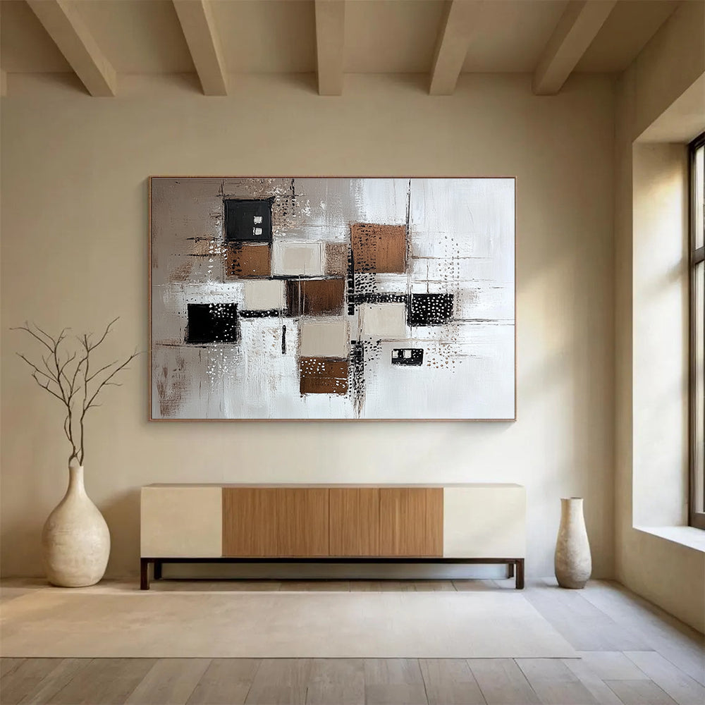 Large abstract painting featuring a white background with various brown and grey squares and neutral-toned lines and dots.SC213