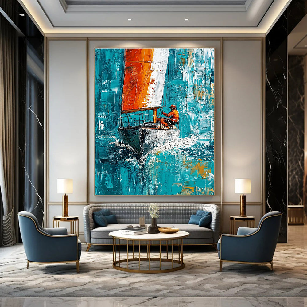 Large abstract painting featuring a sailboat with white and red stripes sailing swiftly on turquoise waters under a blue sky.STSC1418