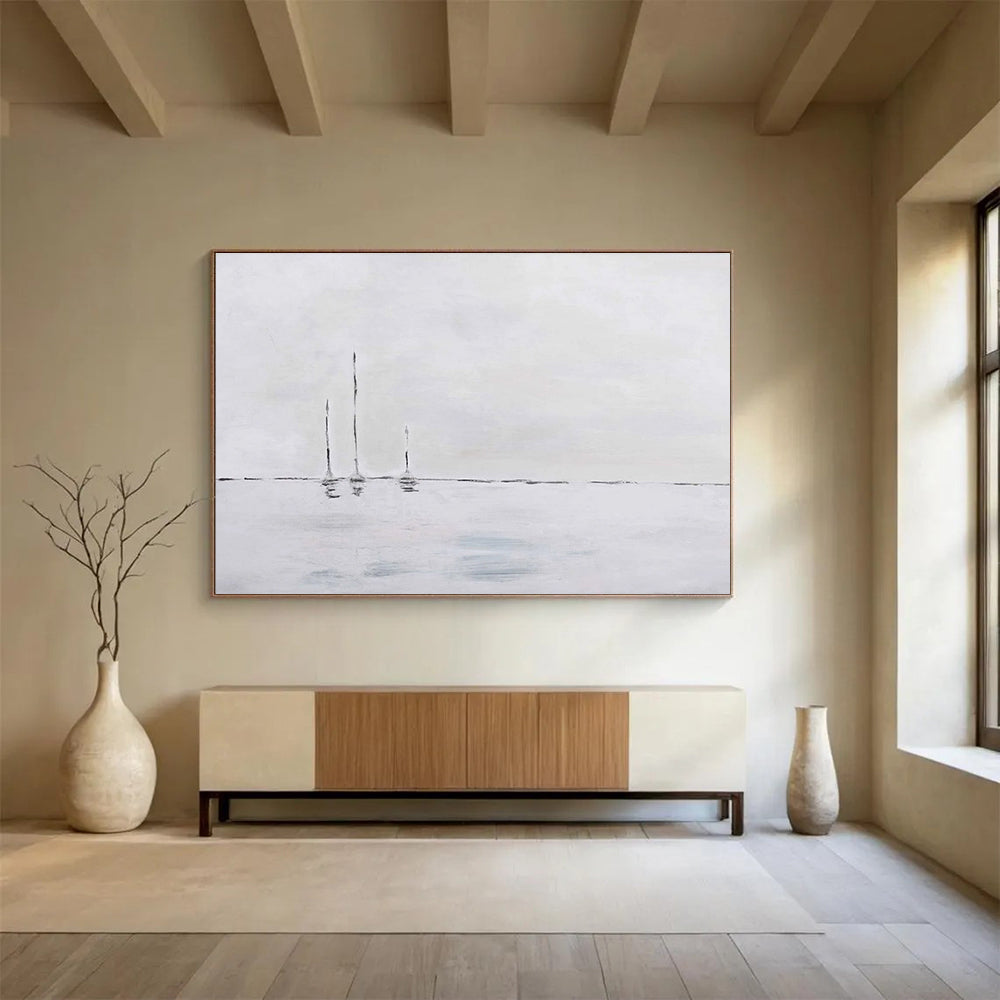 Minimalist Sailboats Abstract Painting with Monochromatic Palette THY263