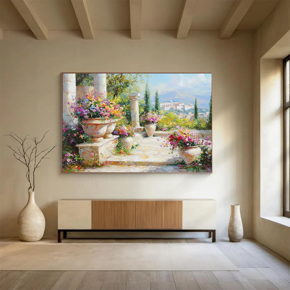 A large abstract painting featuring a vibrant garden with flowers, ancient Greek city background, and soft pastel colors in a hyper-realistic style.SC467