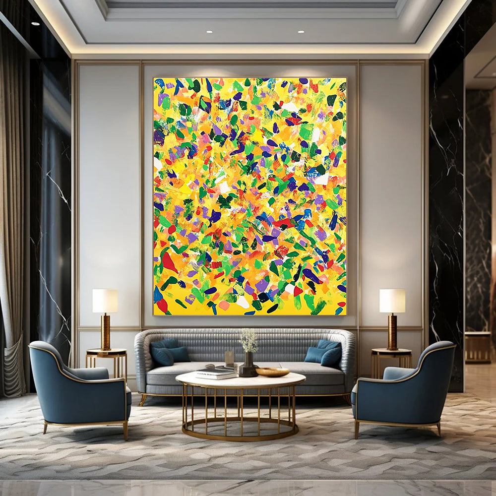 Large abstract painting with a yellow background and colorful confetti in joyful patterns, oil on canvas from the My Caverns series.STSC1269