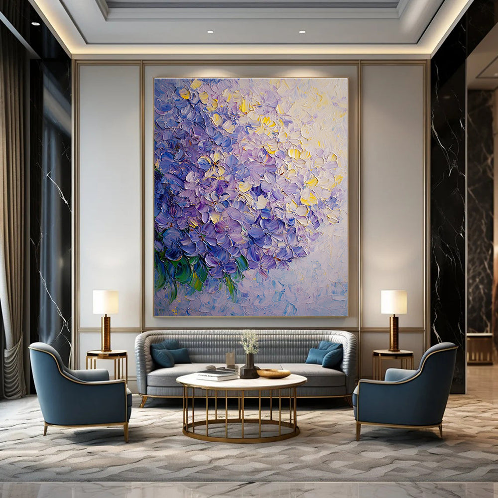 A large abstract oil painting of lilac flowers featuring soft shadows and smooth textures in light yellow and purple tones.STSC1027