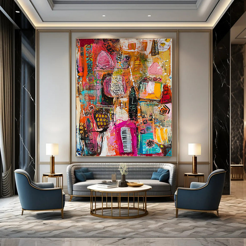 Large abstract painting featuring vibrant colors and dynamic shapes, showcasing lively patterns with diverse objects like books, instruments, and animals.STSC821