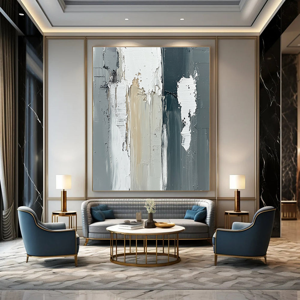 Large abstract oil painting featuring vertical gray and white wooden beams with thick strokes in a neutral monochromatic palette.STSC579