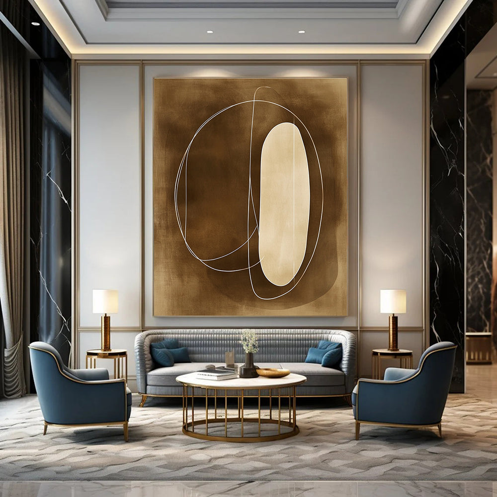Large abstract painting with sepia tones featuring soft lines organic shapes outlined in white enhancing simplicity and elegance.STSC484
