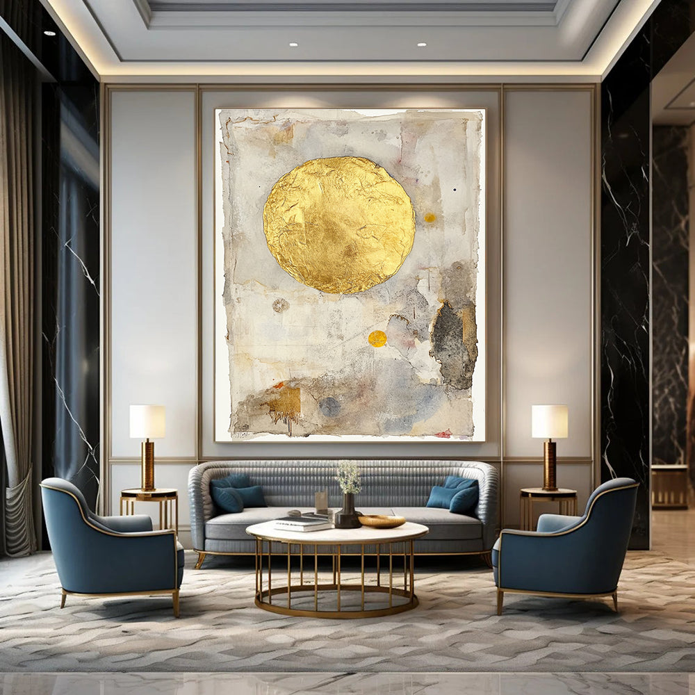 Abstract painting of a golden sun on vintage paper with gold leafing and soft pastel watercolor washes in a minimalist style.STSC286
