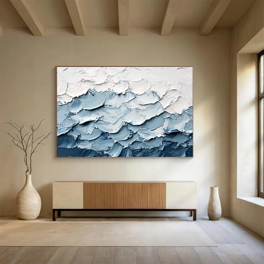 Textured Blue Waves Abstract Painting with Thick Brushstrokes DYP364