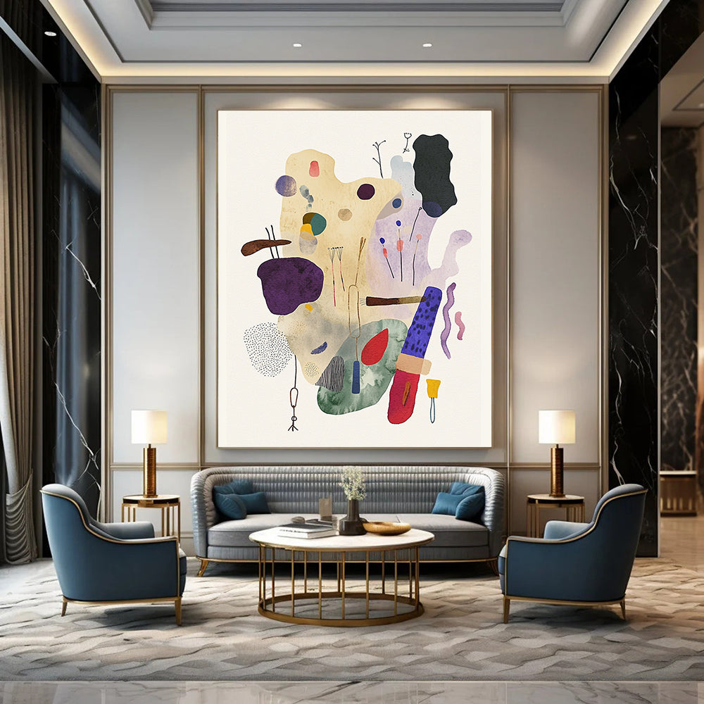 A large abstract watercolor and ink illustration featuring whimsical objects in muted pastel tones and playful textures on a textured paper background.STSC1238