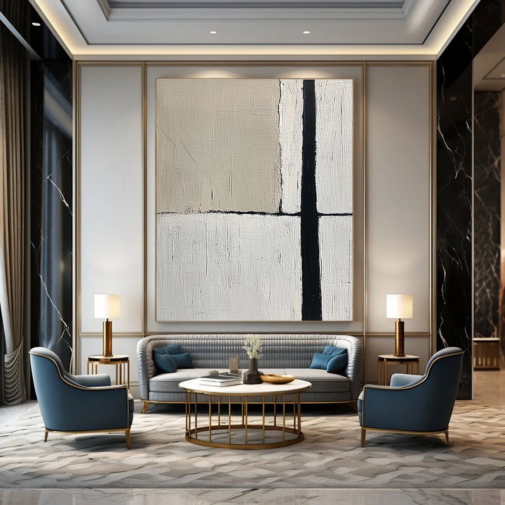 Large abstract painting featuring a minimalistic design with an empty space and a single black vertical line in beige and gray tones.STSC260