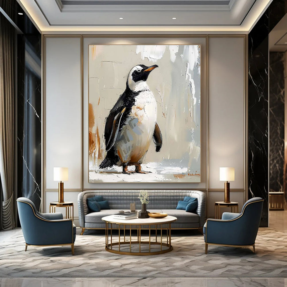 Textured Penguin Portrait Abstract Painting with Neutral Background ADGE496